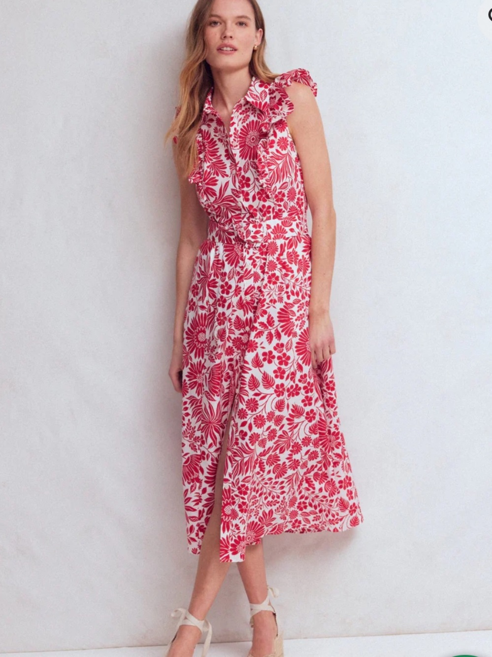 Boden Ruffle Bodice Merida Red Floral Shirt Dress with Belt